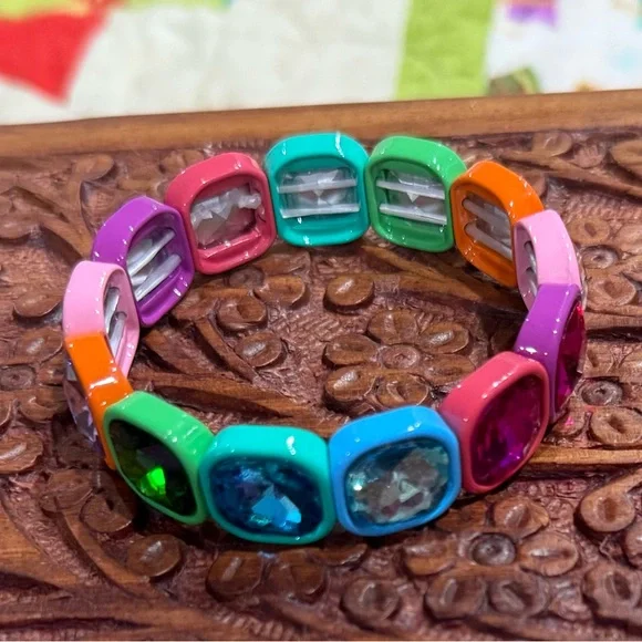 Rainbow Crystal Gemstone Gem Rhinestone Jeweled Stretch Bracelet  🌈 multicolor - Picture 5 of 8
